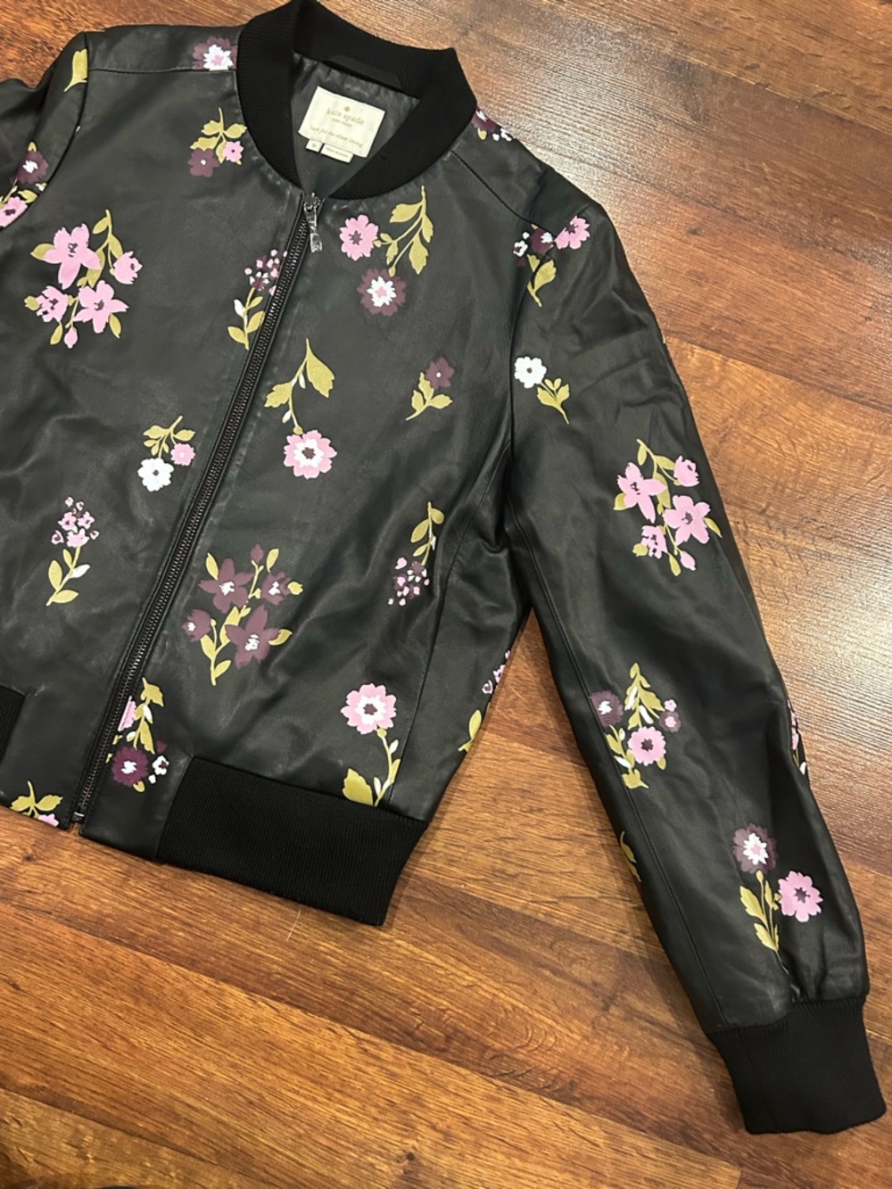 Kate Spade In Bloom Leather Bomber Jacket Lamb Leather Black Women’s Medium - Picture 2 of 8